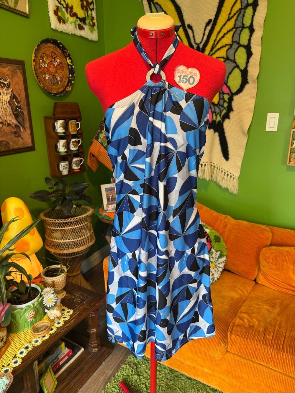 Kids Blue Geometric Halter Swim Cover-Up/Mini Dress